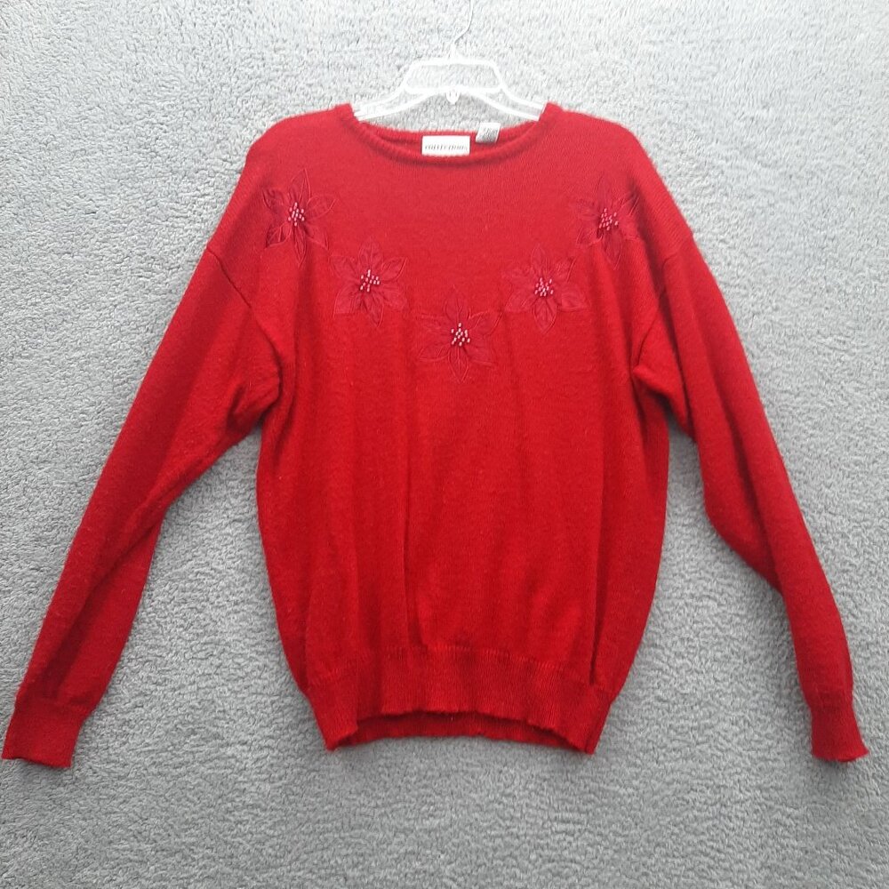 Vintage Red Poinsettia Flower Embellished Sweater Collections  Long Sleeve